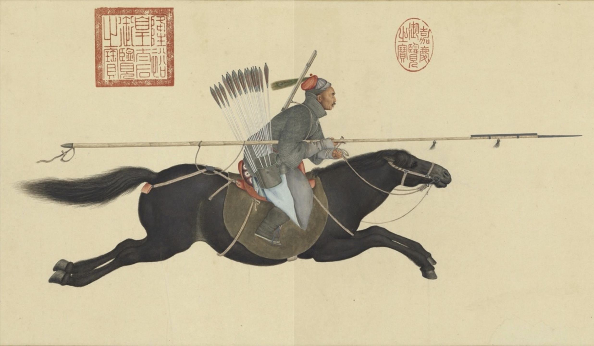 清代郎世宁绘《阿玉锡持矛荡寇图》,阿玉锡为清代准噶尔蒙古人(图源:维基百科)